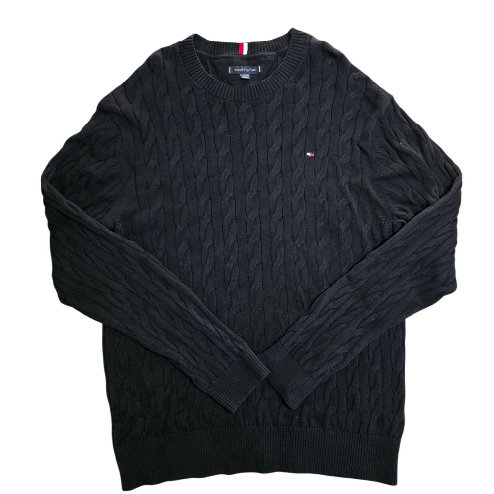Tommy Hilfiger Mens XXL Black Cable Knit Cotton Crew Neck Sweater